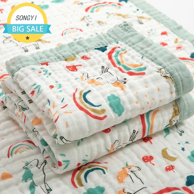 Baby Blankets Cotton Cartoon Pattern 6-layer Breathable Soft Cotton Gauze Newborn Swaddle Blanket Infant Shower Wipes 110x110cm