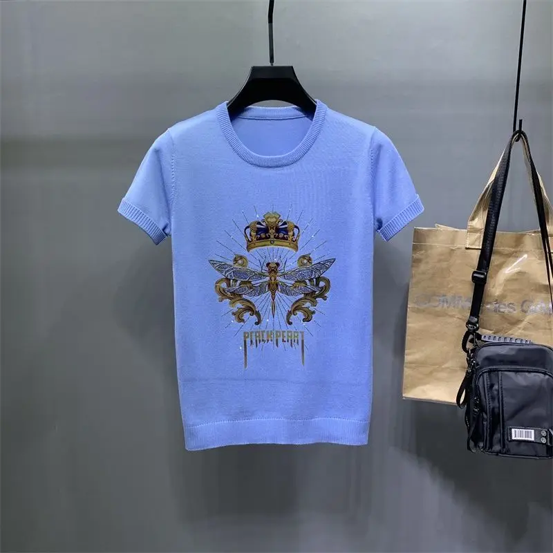 

Men's hot diamond personality tide brand short-sleeved spring and summer plus size knitwear fashion round neck men's sweater