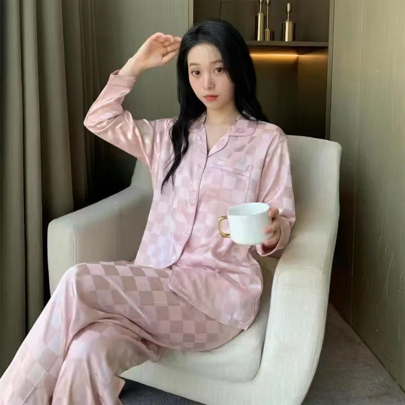 Pink Plaid Pajamas Ladies Summer 2022 New Large Size Spring and Autumn Long Sleeve Thin Ice Silk Homewear Set
