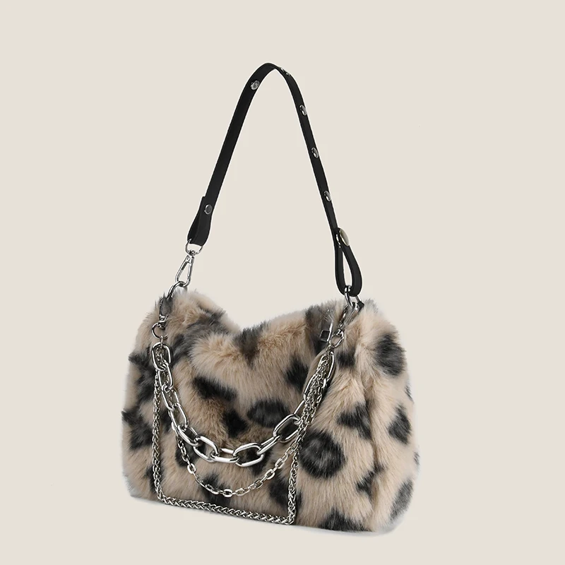 

Faux Fur Winter New Leopard Chain Plush Messenger Bag 2021 Minority Fashion Foreign Style Single Shoulder Furry Diagonal Bag