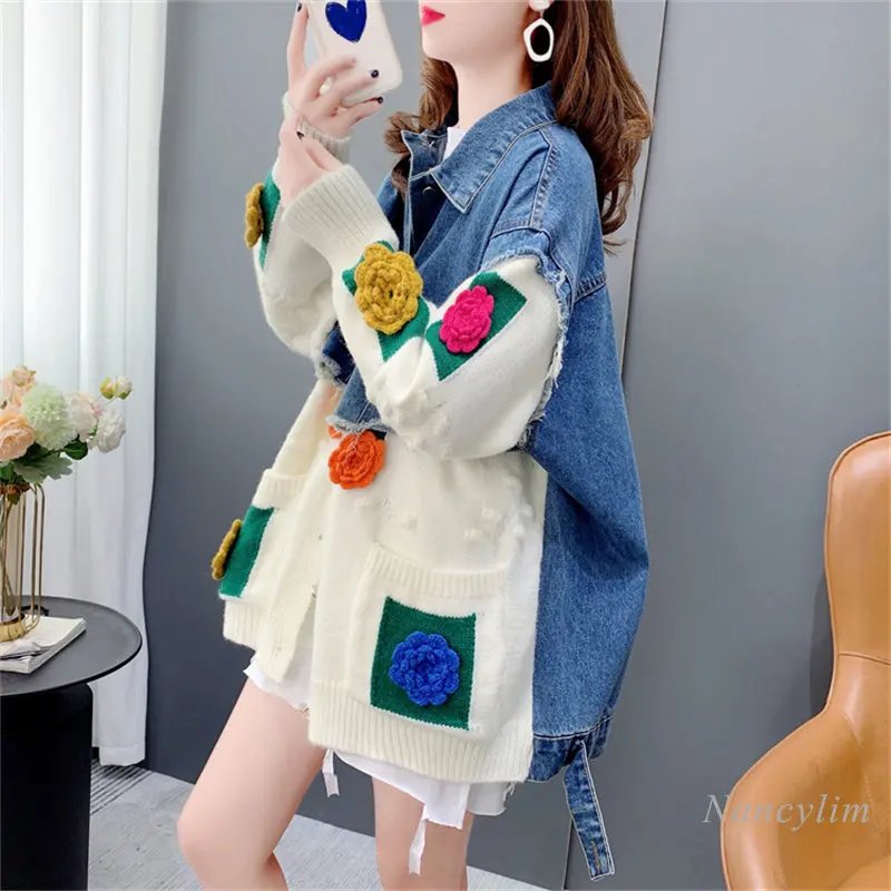Designer Knitting Patchwork Denim Coat Women Autumn Cardigan 2022 New Loose and Lazy Style Streetwear Jacket Students Outwear