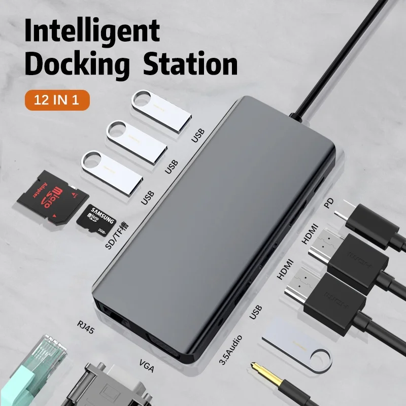 USB-концентратор 12 в 1 с портом USB Type-C на два порта HDMI 4K VGA Rj45 SD TF-карты 3 5 мм аудио PD