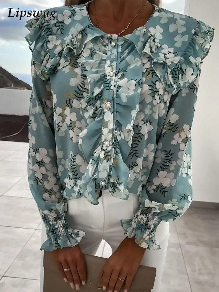 

Women Ruffle Elegant Floral Printed Blouses Shirt 2022 Spring Long Sleeve Casual Blouse Office Ladies Fashion Buttoned Tops Chic