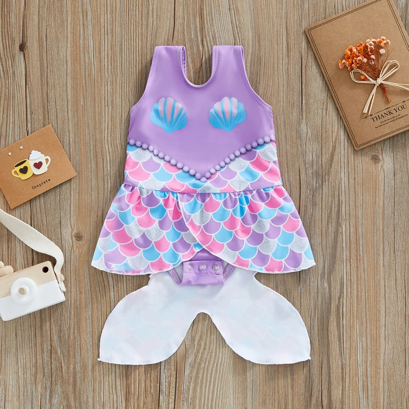 

Купальный костюм для маленьких девочек, купальный костюм без рукавов с принтом в виде рыбьей чешуи и жемчужин, купальник с треугольным низо...