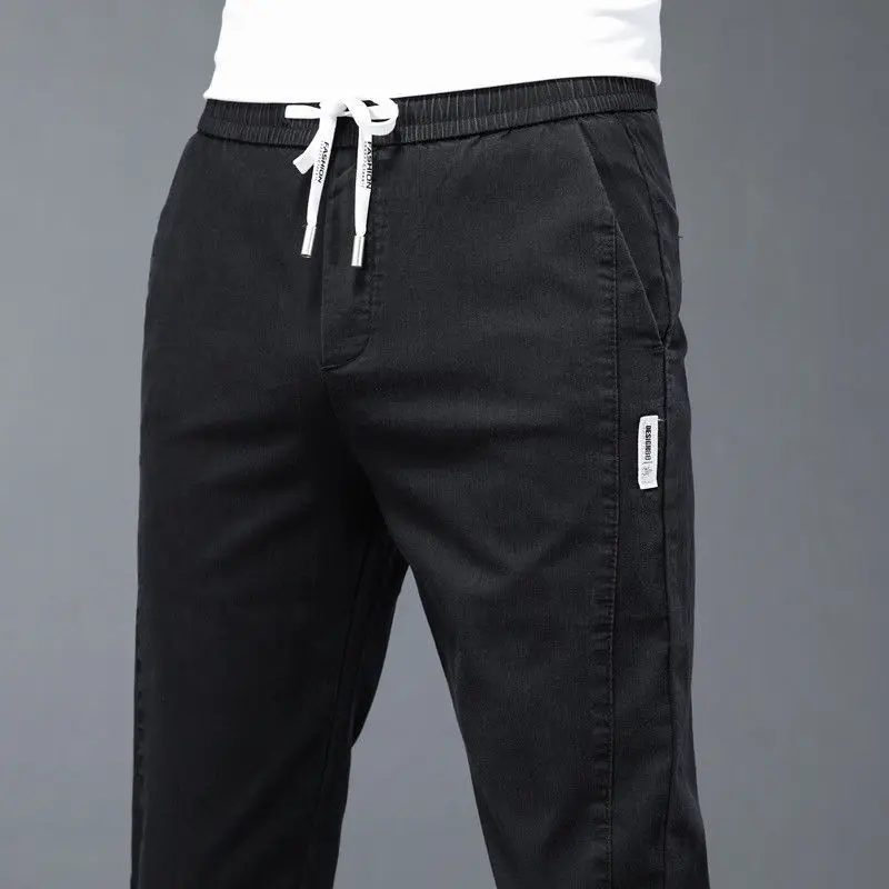 Streetwear Fashion Men Baggy Jeans Korean Solid Straight Pants Spring Autumn Elastic Band Pockets Casual Male Clothes Trousers