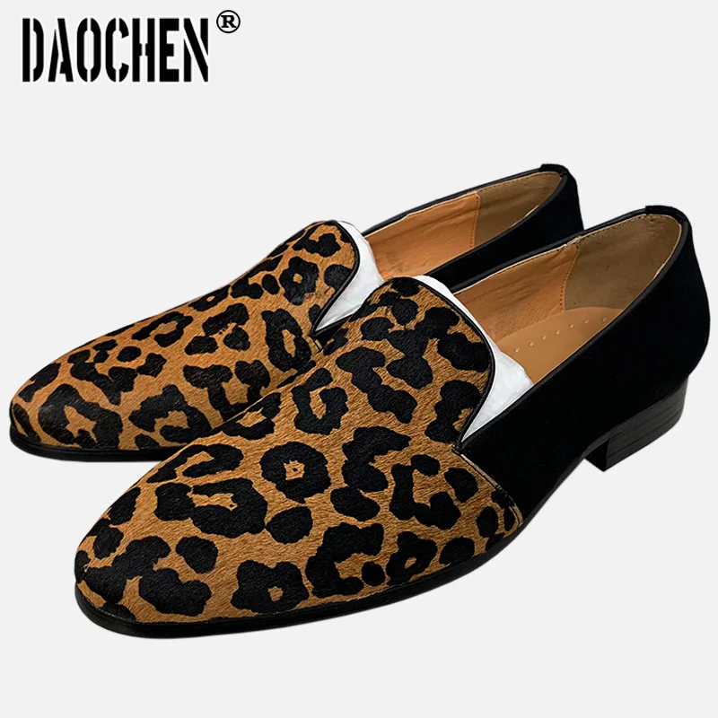 Size 7-14 Men's Loafers Handmade Suede Mixed Leopard Shoes Casual Mens Dress Wedding Party Banquet Genuine Leather Men's Shoes