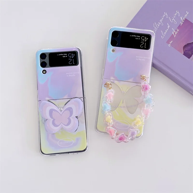 

Colorful Butterfly Beads Phone Stand Case for Samsung Galaxy Z Flip 3 5G Hard PC Back Cover for ZFlip3 Case Protective Shell