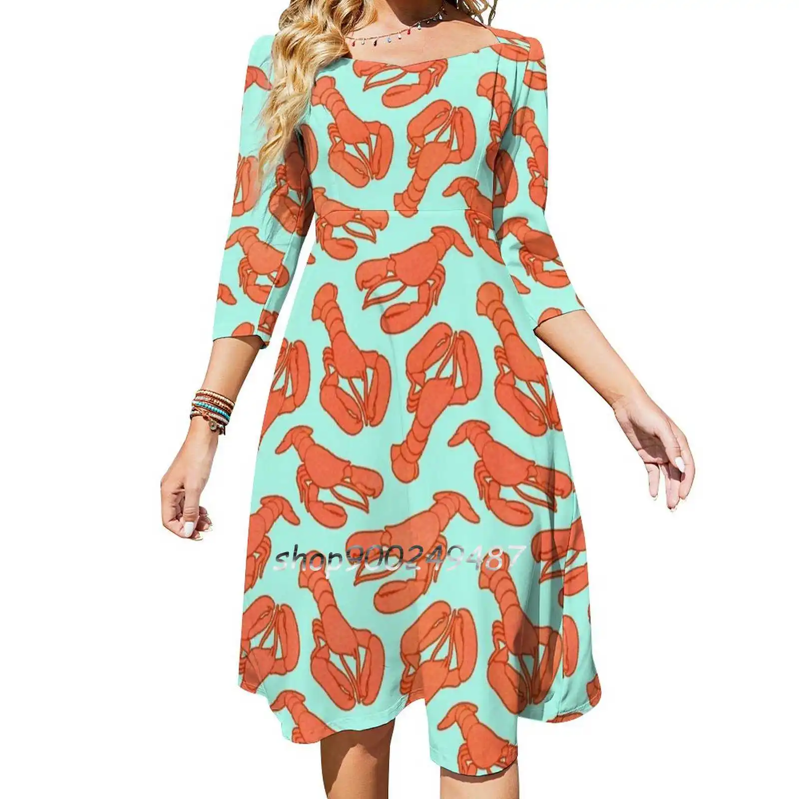 

Lobster Addiction Square Neck Dress Sweet Summer Dress Women Elegant Halter Print Dress Lobster Seafood Sealife Sea Ocean