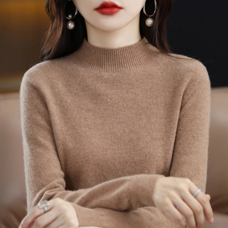 

2023 Autumn/Winter Women's New Sweater 100% Wool Half Height Round Neck Solid Soft Wool Sweater Seamless Knitted Top