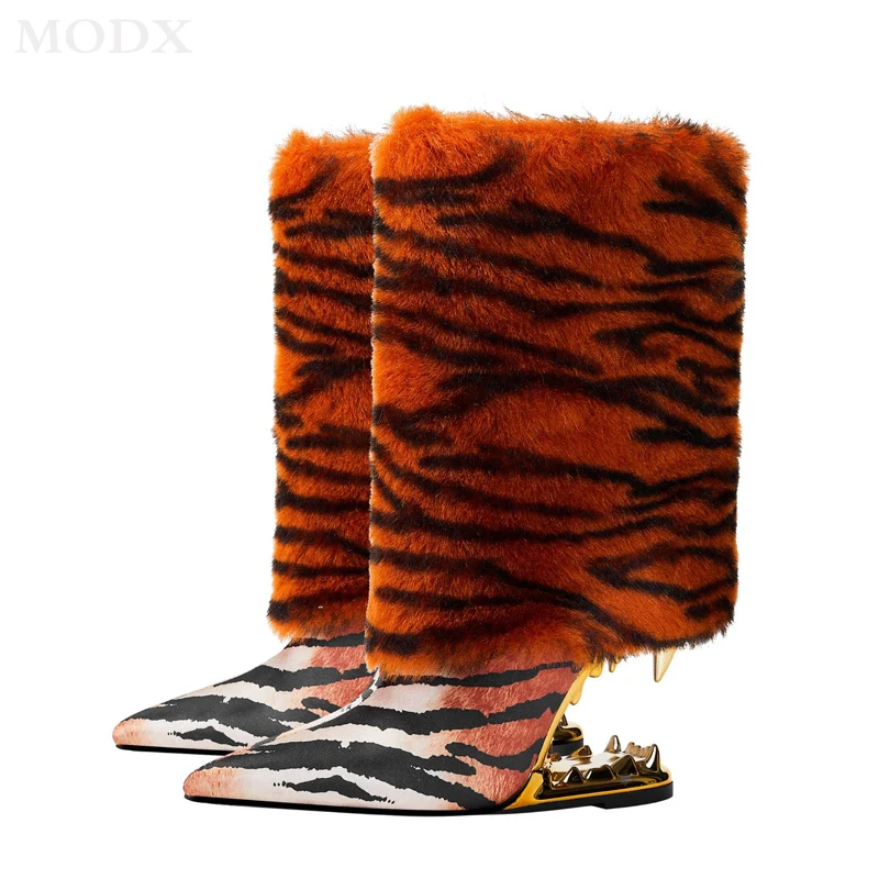 

Ботинки С Рисунком Тигра в полоску, плюшевые дизайнерские ботинки с острым носком, Разноцветные теплые модные ботинки без шнуровки большого размера