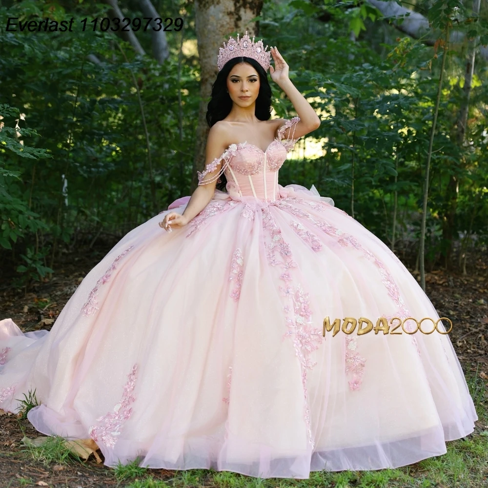 EVLAST Розовое платье Quinceanera по индивидуальному заказу бальное с блестками