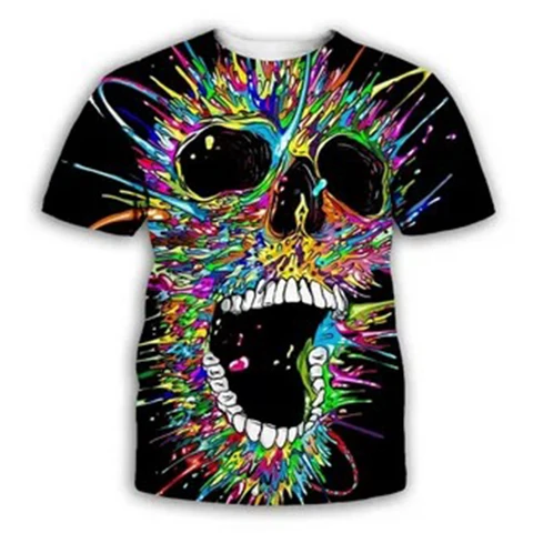 Camo Skull Graphic 3D Harajuku Print New Trend Avant-Garde Street Hip-Hop Personality Men's Round Neck Short Sleeve T-shirt Tops