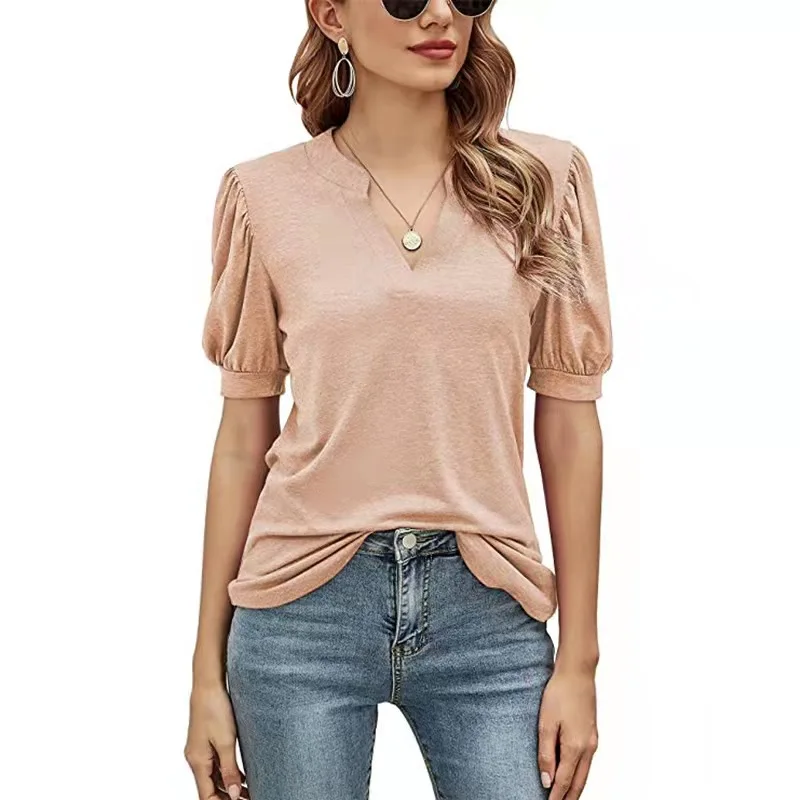 

2022 European and American women's summer casual v-neck puff sleeve loose T-shirt 2794