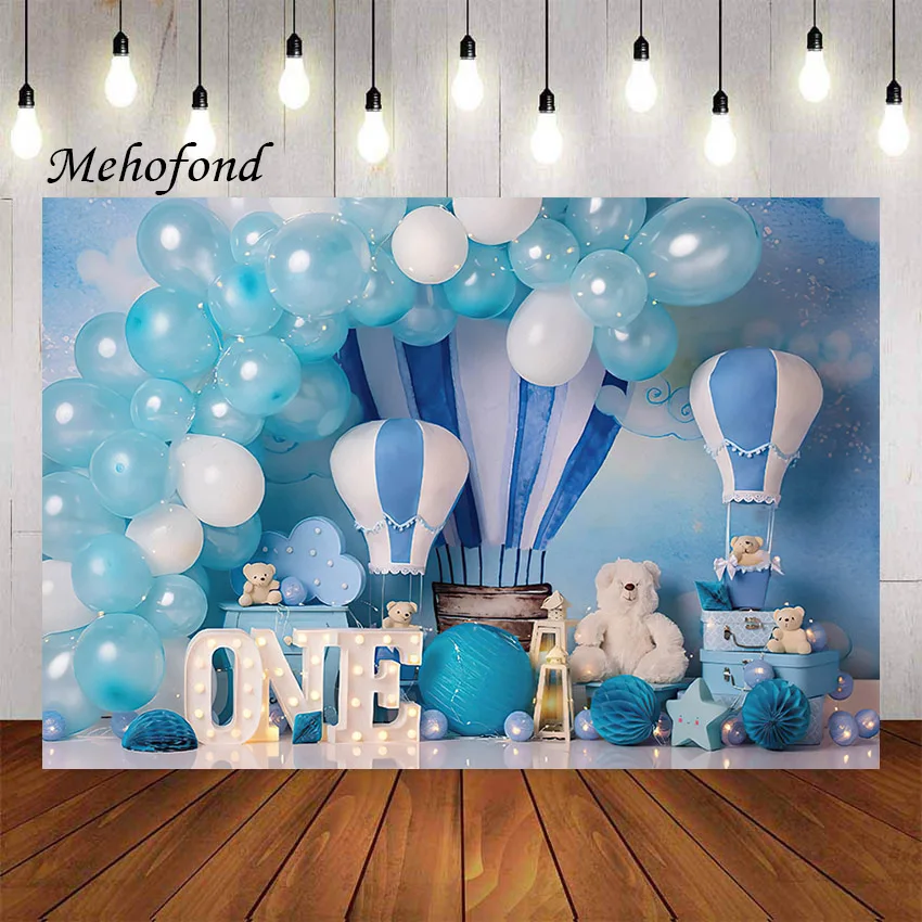 Фон для фотосъемки Mehofond голубой воздушный шар медведь мальчик на 1-й день