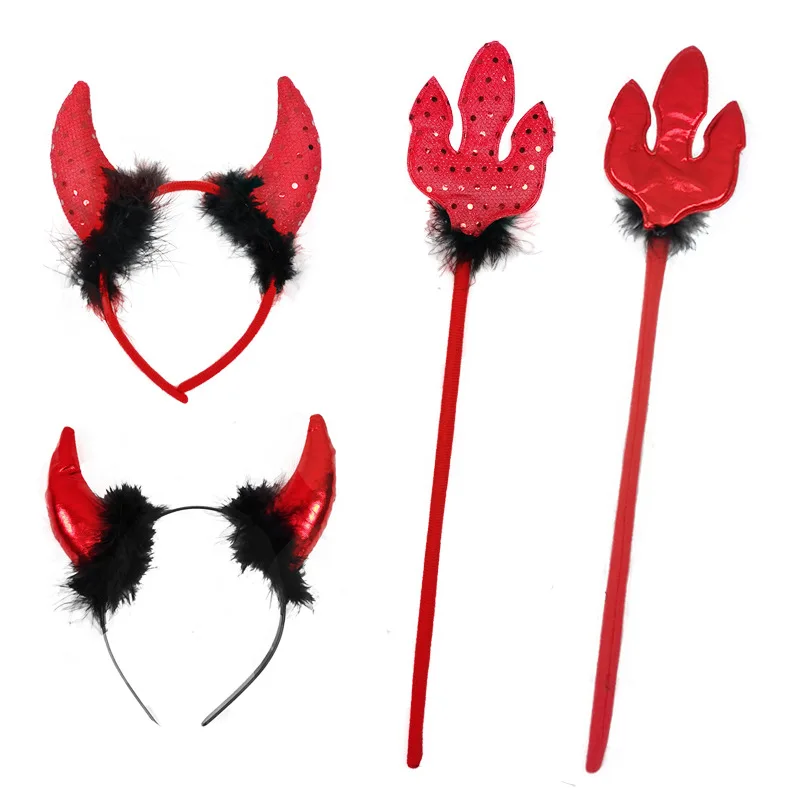 

5pcs Women Men Kids Golden Silvery Red Devil Horns Headband Set Costume Accessories Halloween Fancy Cosplay Outfit
