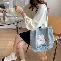 2022 women cute rabbit embroidery handbag corduroy shopping bags canvas magnetic buckle shoulder bag schoolbag for students