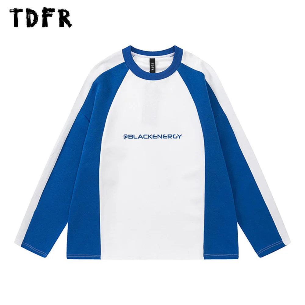 

Футболка мужская с контрастными панелями и рукавом реглан, уличная одежда с надписью, свободная рубашка с круглым вырезом и длинным рукавом...