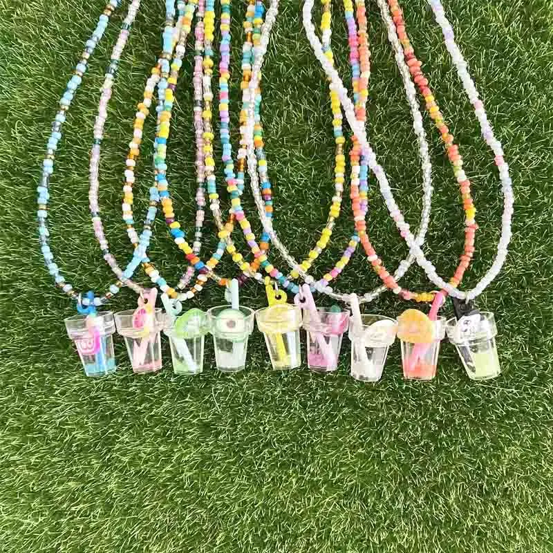 

38cm Necklace With Resin Pendant Luminous Fruit Cup For Child Bohemia Handmade Rainbow Seed Beads Simple Choker Jewelry Gifts