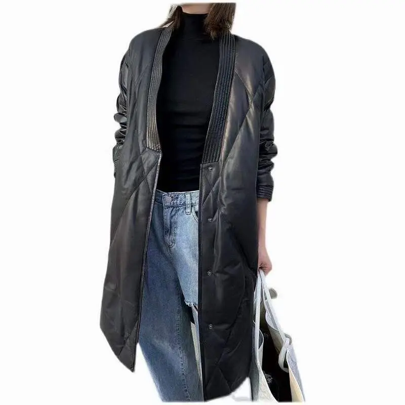 2022 Winter New Sheepskin Genuine Leather Warm Jacket Women's Mid-length Black Jacket Waist Thick Leather Coat