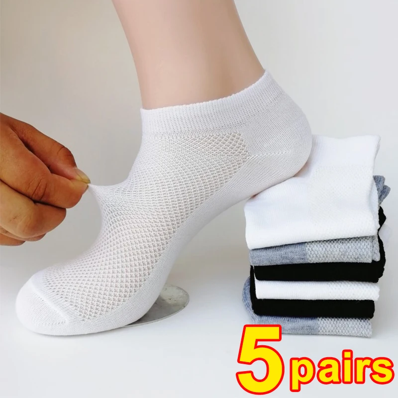 5pairs Men Socks Solid Black White Gray Cotton Mesh Breathable Low Cut Short Sock Women Men Absorb Sweat Sports Socks Ankle Sock