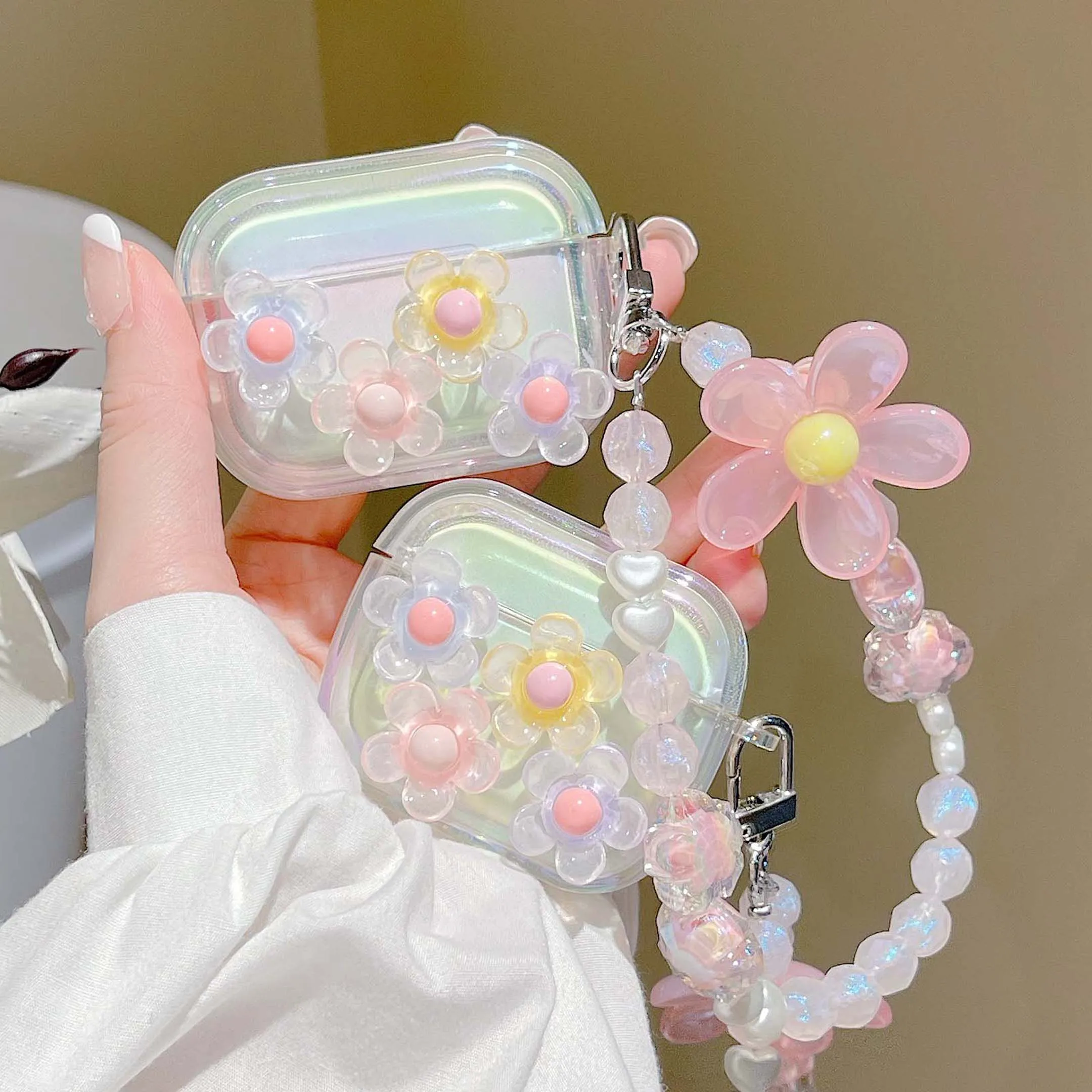 Colorful rainbow laser flower cute bracelet ins girl shockproof earphone case for apple airpods pro 2 3 1 charging box cover