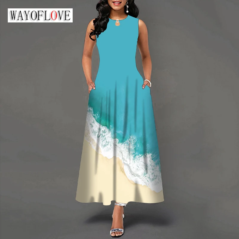 

WAYOFLOVE Holiday Long Dress Woman Beach Printed Elegant Casual Women Dresses Party Sleeveless O Neck Loose Vintage Summer Dress