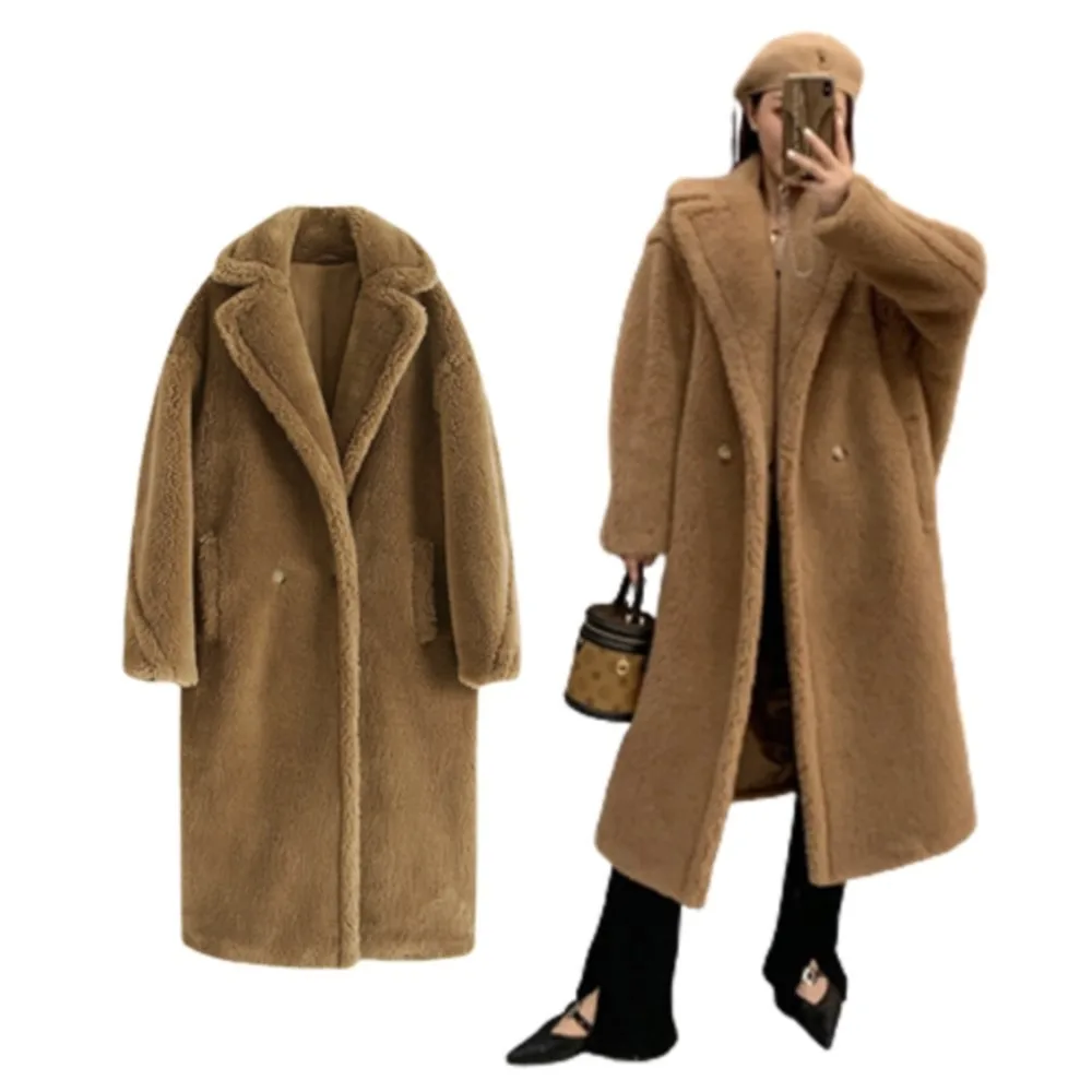 

Women's Winter Thicken Warm Fur Coat Alpaca Wool Silk Classic Solid Teddy Bear Button Coats Ladies Elegant Soft Long Outerwears