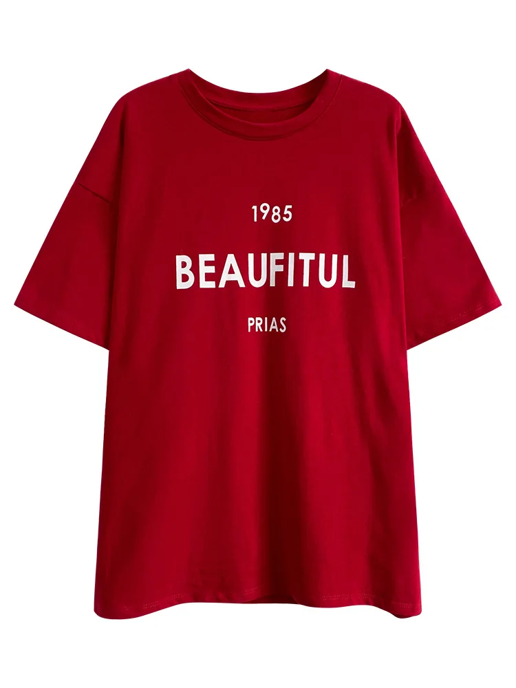 

2022 Women Summer Letter Print O-Neck T Shirts Short Sleeve Cotton Women Tops Red White Color Loose Women Casual Tees