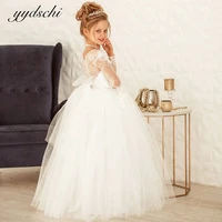 2022 elegant white flower girl dresses long sleeves bow party gown birthday pageant first communion dress for kids