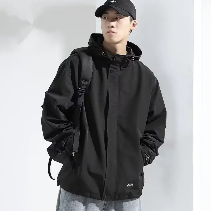 Мужская Осенняя ветрозащитная Черная куртка с капюшоном верхняя одежда тонкое