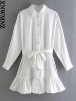 xnwmnz 2022 autumn women fashion white ruffles satin shirt dress with slash long sleeve office ladies mini dresses