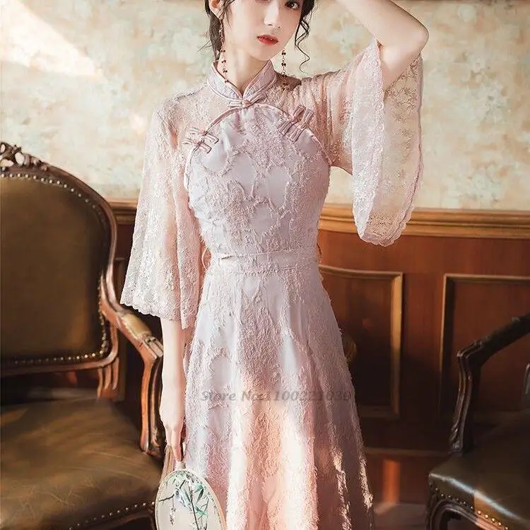 

2022 chinese dress qipao girl sweet lace chiffon cheongsam dress vestidos casual embroidery dress elegant party oriental qipao
