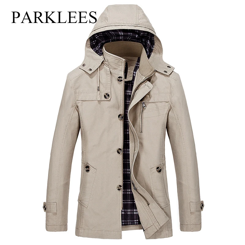

Parklees Khaki Mens Trench Coat 2022 Autumn New Removable Hooded Long Trench Coat Korean Style Slim Fit Casual Windbreaker Homme