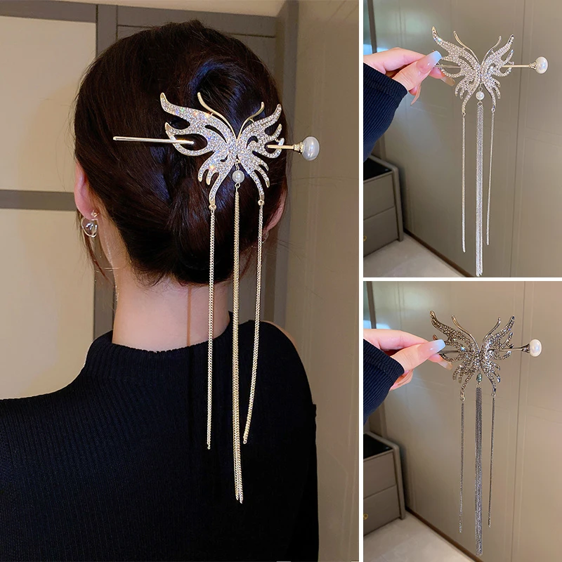 

Винтажная заколка для волос с бриллиантами и жемчугом, Женская длинная цепочка, Шпилька для волос с бахромой стразы, аксессуары для волос