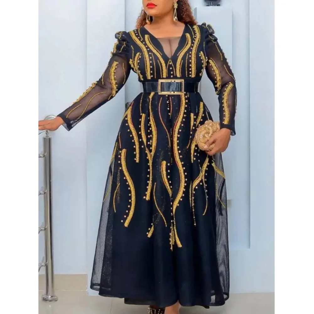 

New Women's V-neck Embroidery Mesh Waistband Swing Dress