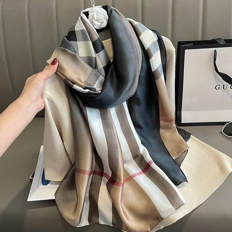 

180CM New Luxury Design Silk Ribbon Scarfs for Women Soft Satin Hijab Female Thin Pashmina Plaid Scarves Foulard Bufanda Lady