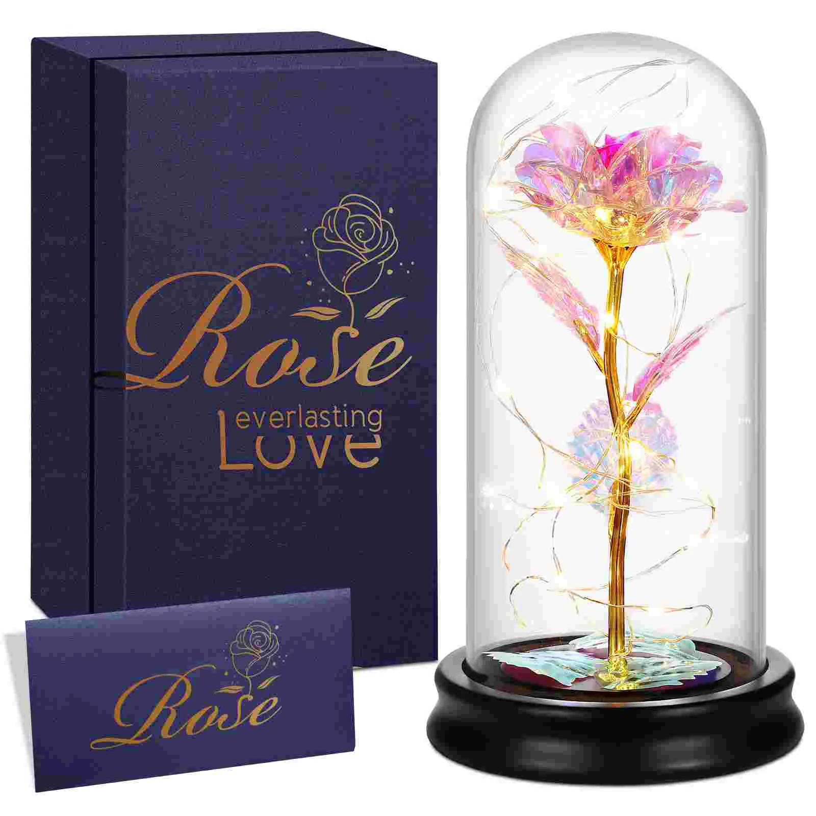 

ETEREAUTY 24K Golden Foil Rose in Glass Dome with LED Lights Luxury Gift Box for Valentine's Day Mother's Day Anniversary