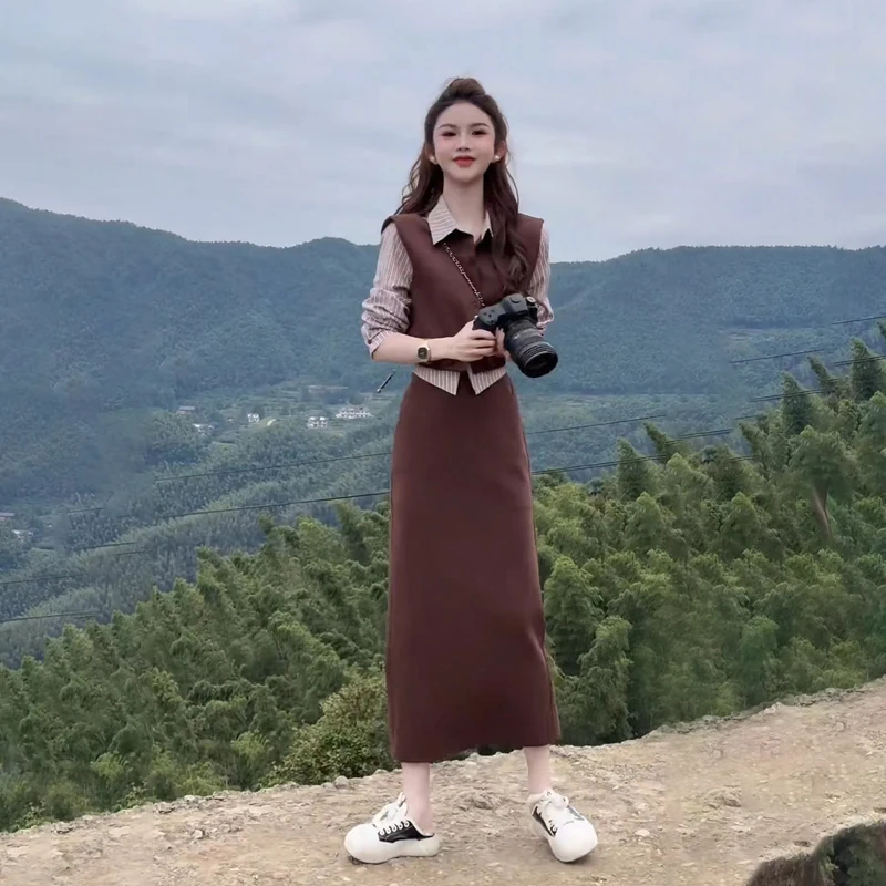 A Complete Set of Shirts and Vests with Skirts for Early Winter Korean Style Outfits Autumn Age-Reducing Small Fragra