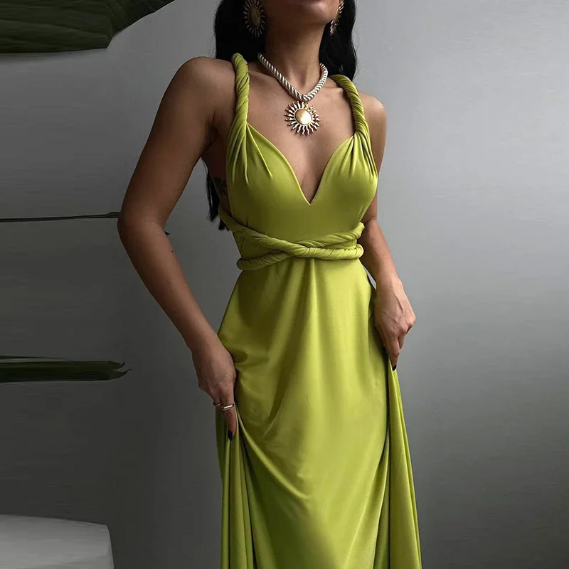 

2023 Elegant Women Backless Deep V-neck Summer Sundress Solid Cocktail Female Dress Sexy Draped Twisted Sling Off Shoulder Dress