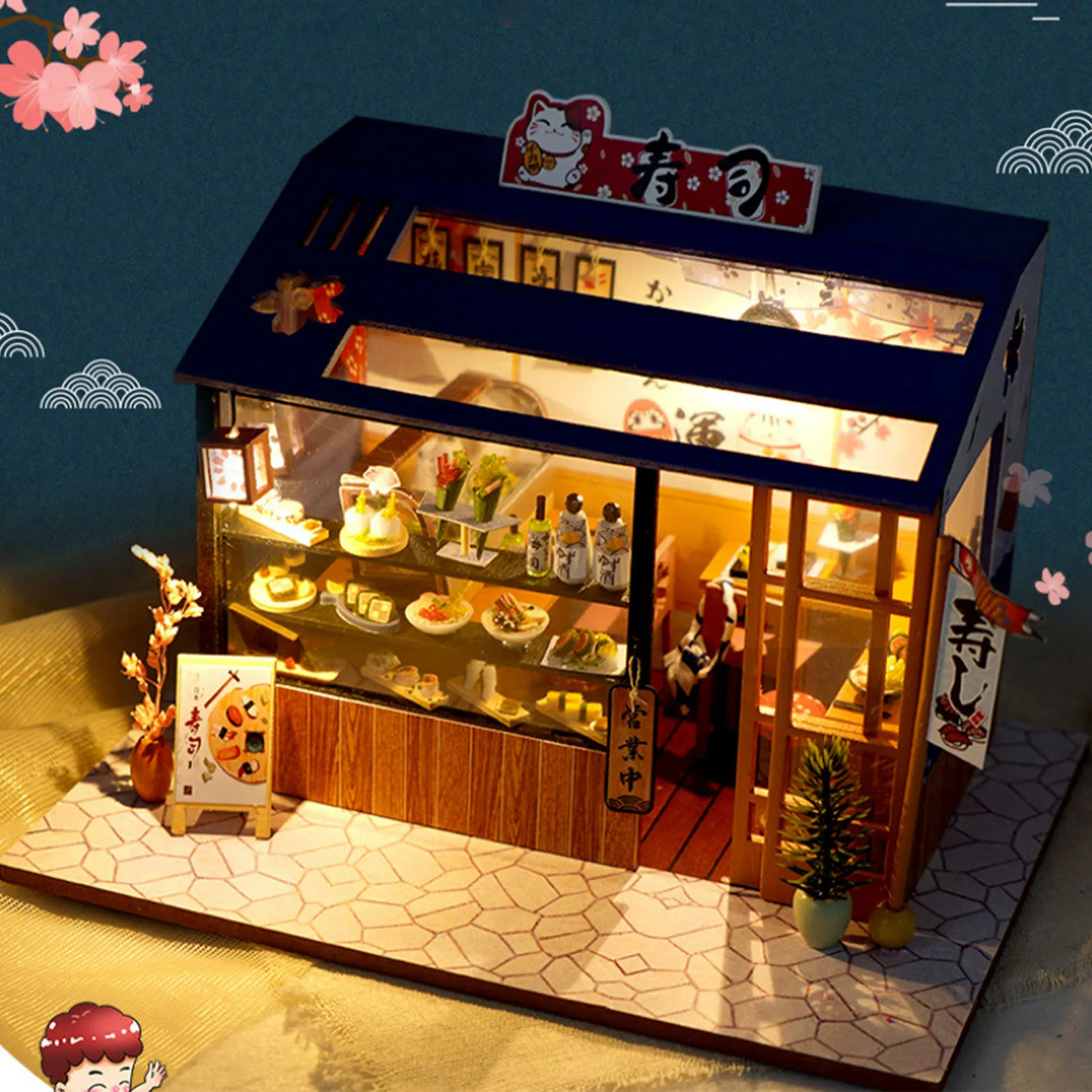 Japanese Sushi Store DIY Miniature Doll House With Furniture Miniatures Sushi House Dollhouse Toys For Children Girls Gifts