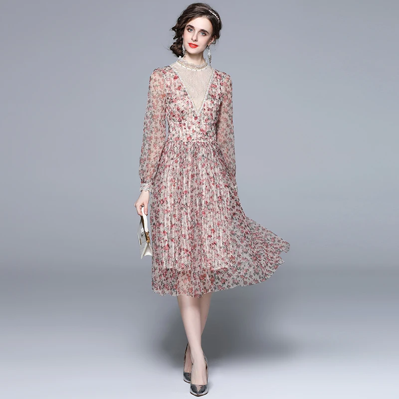 

Simgent 2022 Women Print Dress Spring Lantern Long Sleeve A Line Elegant Midi Mesh Dresses Vestidos Femme Robe SG21104