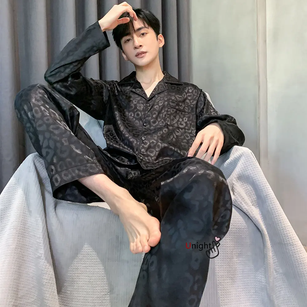 Men Silk Satin Pajamas Sets Long Sleeve Pyjamas Suit Sleepwear Pijama Men Loungewear Plus Size Set L-5XL Sleepwear Set