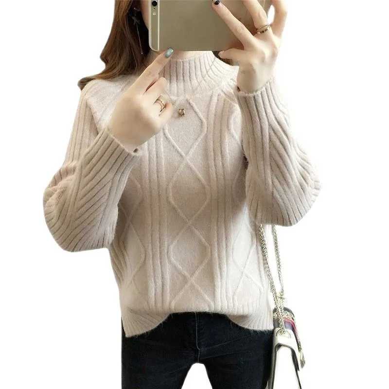 

Fashion Knitted Sweater Women Autumn Winter Half Turtleneck Sweaters Female Loose Short Knitwear Tops Solid Jumper Ladies H2121