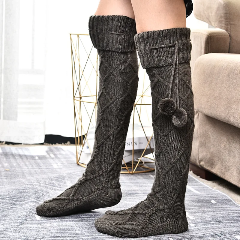 2022 Korean over knee knitted Stockings women's fashion wool ball high socks winter warm breathable solid color wool pile socks