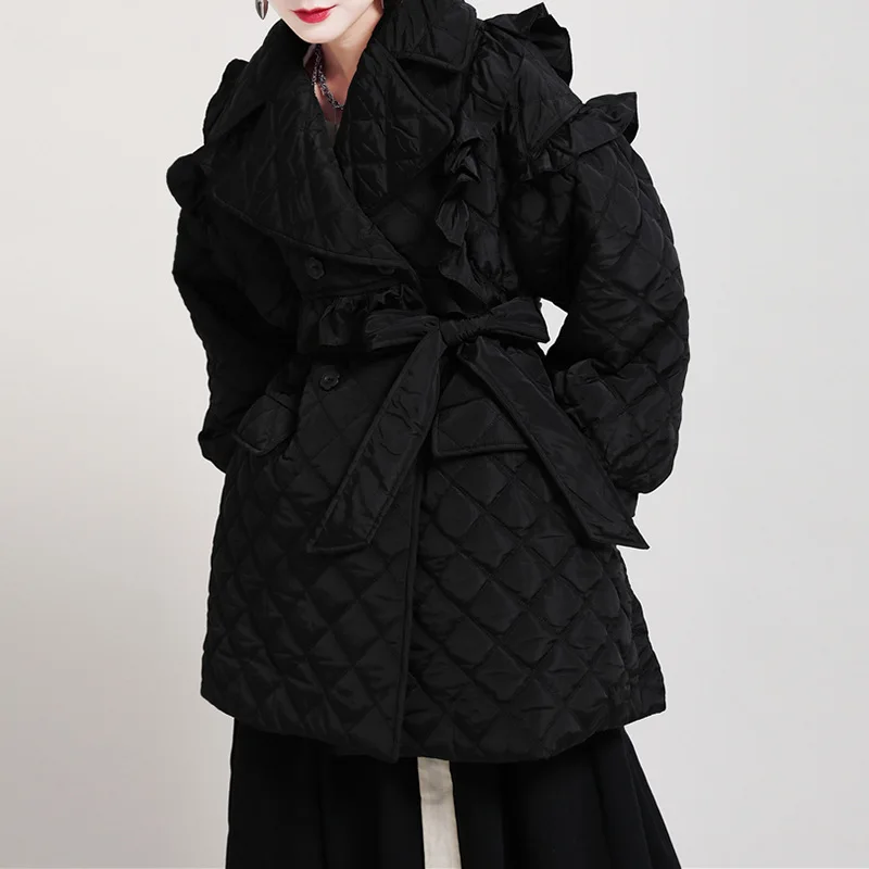

Women Double Breasted Belt Splice Cotton Padded Jacket Parka Winter Streetwear Gothic Chic Loose Casual Quilted Coat Female 1908