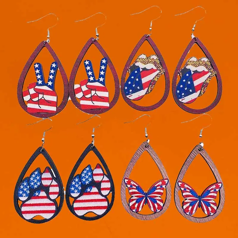 

New Independence Day Wooden Earrings Butterfly Cat Claw Lips Cut-out American Flag Color Droplet Pendant Ear Ring Gift Wholesale