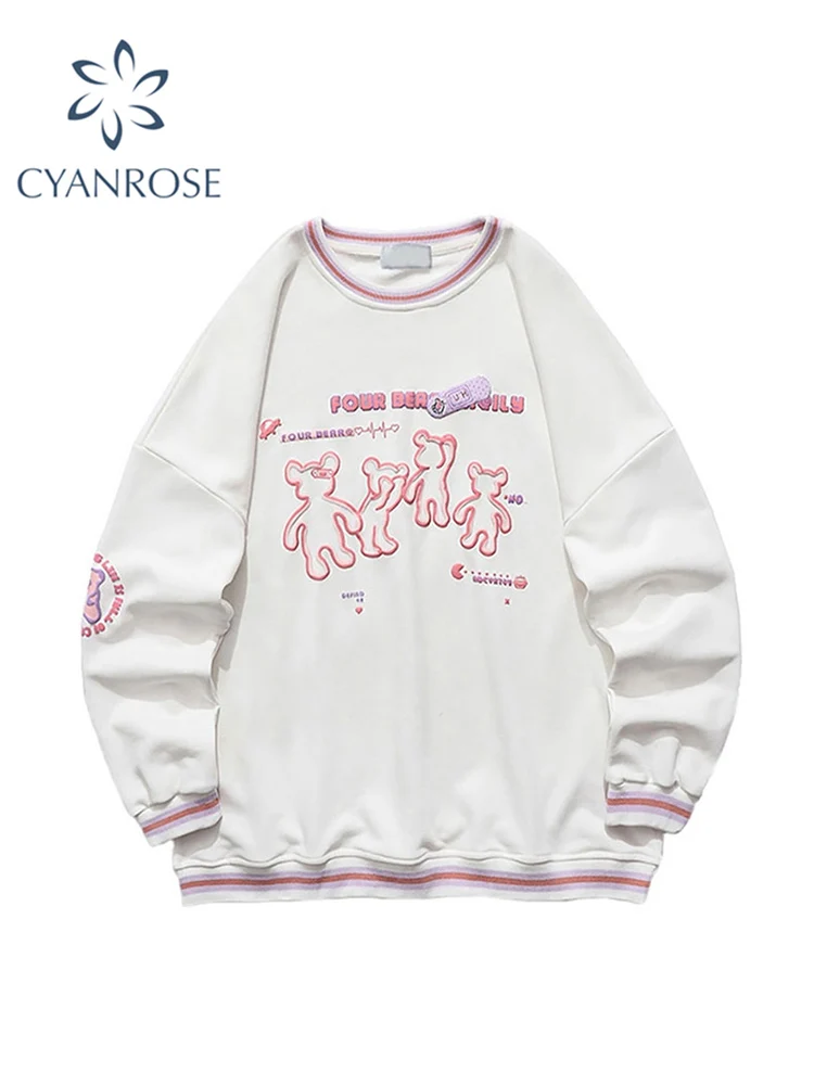 

Cartoon Bear Women's Sweatshirts Preppy Style O-Neck Long Sleeve Fun Bear Print Pullover New Loose Oversize Female Sweatshirt