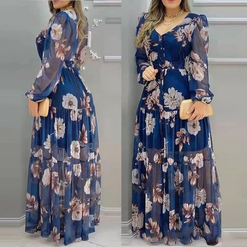 

Stylish Women Dress A-Line Stitching Flowy Hem Chiffon Dress Sweet Ruffle Short Sleeve Elegant Casual Long Dress