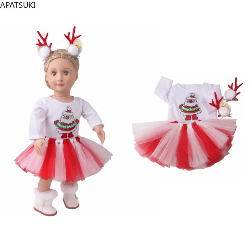 

Merry Christmas Fashion Doll Clothes For 18" American Doll Outfits Santa T-shirt Tutu Skirt Elk Hairpin 1/4 Dolls Accessories