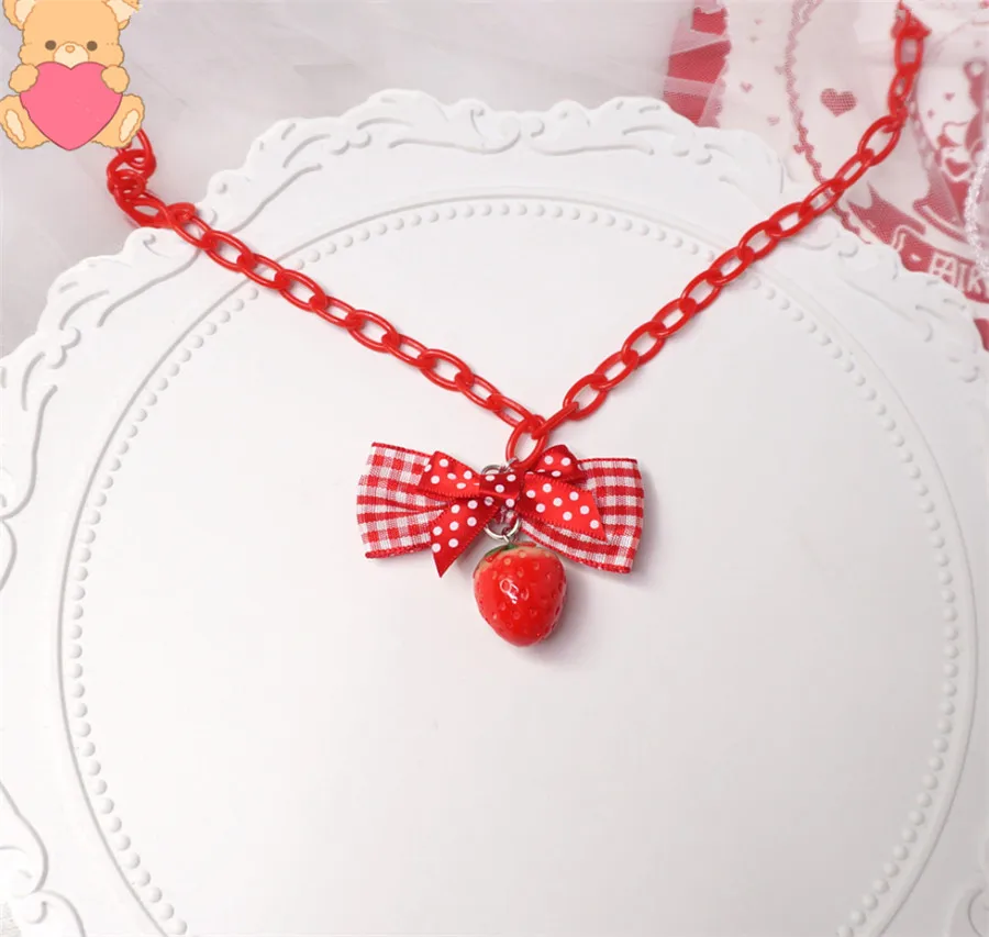 Handmade  Sweet Red Bowknot Strawberry Pendant Necklace Accessories  necklace for women  necklace
